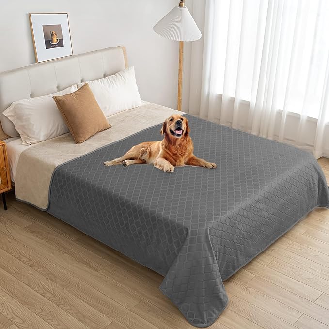 fuguitex Waterproof Dog Blanket Bed Cover Dog Crystal Velvet Moroccan Fuzzy Cozy Plush Pet Blanket Throw Blanket for Couch Sofa(68 * 82 inch, Dark Grey+Beige)