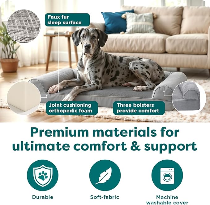Furhaven Orthopedic Dog Bed for Large Dogs w/ Removable Bolsters & Washable Cover, For Dogs Up to 125 lbs - Luxe Faux Fur & Performance Linen Sofa - Charcoal, Jumbo Plus/XXL