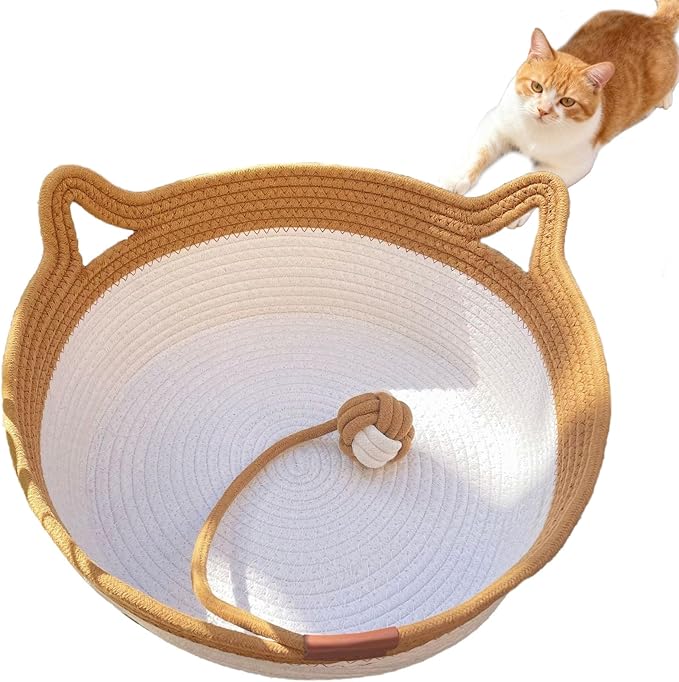 Instinct Basket, Stimulicat Cat Bed, Stimulicat Cat Bed Rope Cotton with Cushion, Eliminates Bed Rejection Round Pet Basket, Boho Catbed for Cats Handwoven Scratchable Breathable Weave (Small)