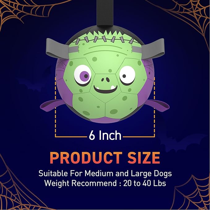 QDAN Dog Toys Ball: Dog Soccer Balls with Straps- Outdoor Herding Balls Toys for Small Medium Dogs- Halloween Puppy Pet Birthday Gifts- 6 Inch Purple Green