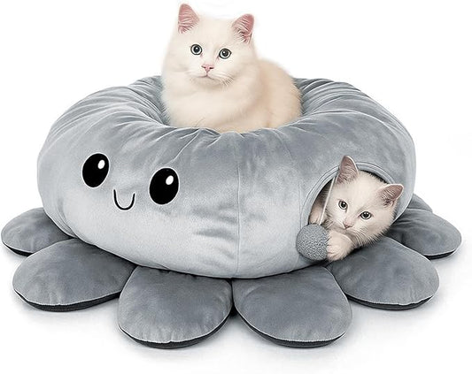 Cat Tunnel Bed for Indoor Cats, Peekaboo Cat Cave Bed,Soft Cat Donut Tunnel for Kitten Large Cats, Cute Grey Octopus Shaped