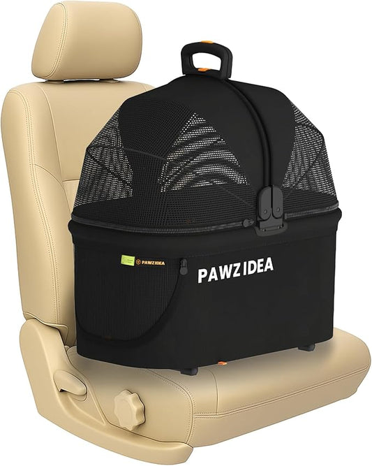 PAWZIDEA Portable Small Dog Crate for Car Travel, Enclosed Pet Car Seat for Small/Medium Dogs & Cats up 33 lb, Reversible No-Zip Canopy, Soft-Sided Pet Carrier Basket, Foldable Dog Kennel, Metal Frame