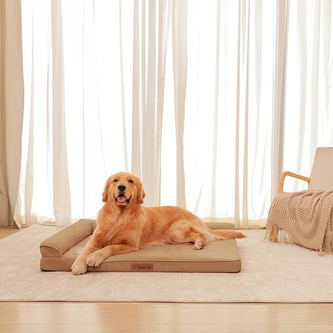 Orthopedic Dog Beds Large Sized Dog, Memory Foam Pet Bed for Large Dogs, Removable and Washable Microsuede Cover, TPU Waterproof Liner, Nonskid Bottom, 44x32x6 Inches, Khaki