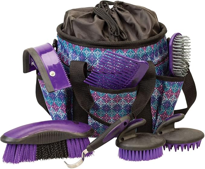 Weaver Leather Horse Grooming Kit, 7-piece Brush Set with Organizer Tote Bag, Equine Care, Horse Track Room Equipment, Grooming Supplies, Purple Geo