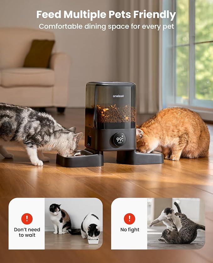 oneisall Cordless WiFi Automatic Cat Feeders 2 Cat, Rechargeable 100-Day Battery Operated Timed Cats Feeder, 20 Cups/5L Cats Food Dispenser Automatic for Large Kibble, Smart App Control.