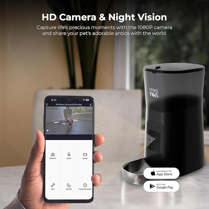 Smart HD Automatic Cat Feeder with 1080P Camera & Night Vision, 2-Way Audio, WiFi App Control, Anti-Jam 6L Pet Feeder with Battery Backup, Schedules Up to 15 Meals for Cat & Dog Black Stainless Steel