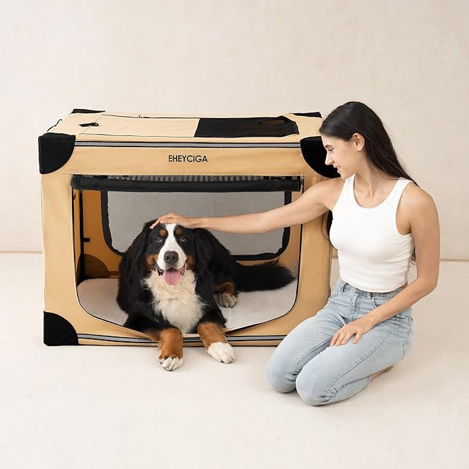 EHEYCIGA Collapsible Dog Crate 42 Inches, Portable Travel Crate for Extra Large Dogs, Soft Foldable Pet Kennel with 4-Door Mesh Windows Indoor & Outdoor, Biege