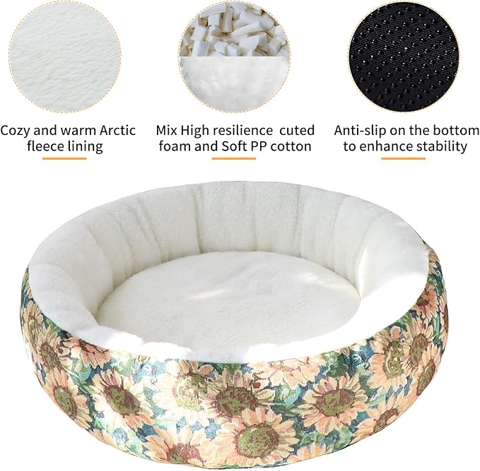 Circular Calming Dog & Cat Bed Anti-Anxiety Washable with Anti Slip Backing Donut Cuddler with Cute Jacquard Patterns for Cat and Small Puppy (XS-20in, Sunflower)
