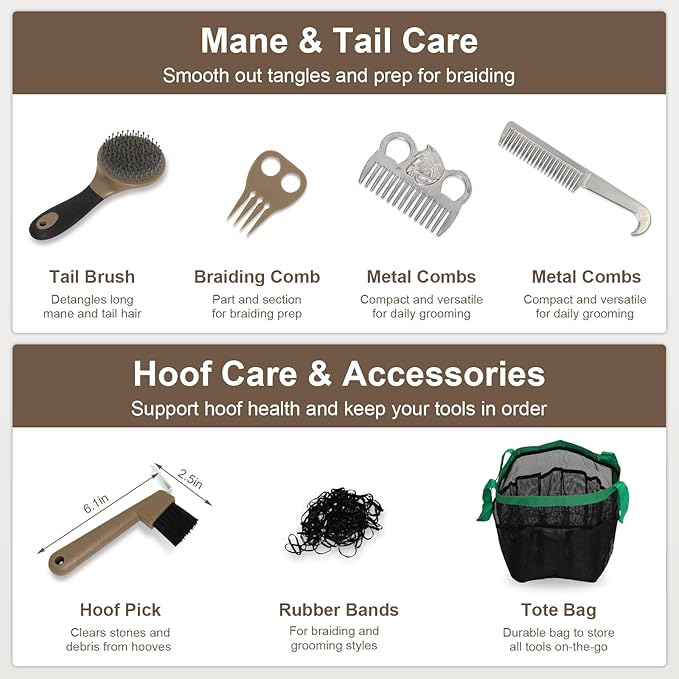Swess Horse Grooming Kit 14 Piece, Horse Brushes for Grooming & Bathing Supplies Set, Professional Horse Supplies with Mane & Tail Comb, Curry Comb, Hoof Pick, Gloves & Mesh Tote Bag for Equine Care