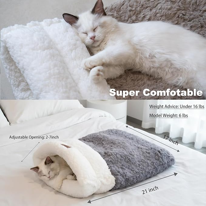 Cat Sleeping Bag 4 in 1 Cute Self Warming Cat Bed Cave with Plush Portable Snuggle Sack/Hideway for Indoor Cats & Small Pets Coffee 21×17 Inch