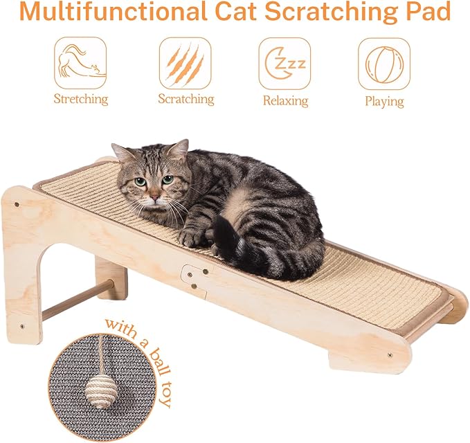 L-Shaped Cat Scratcher Ramp with Sisal Pad & Ball Toy - Furniture Protector