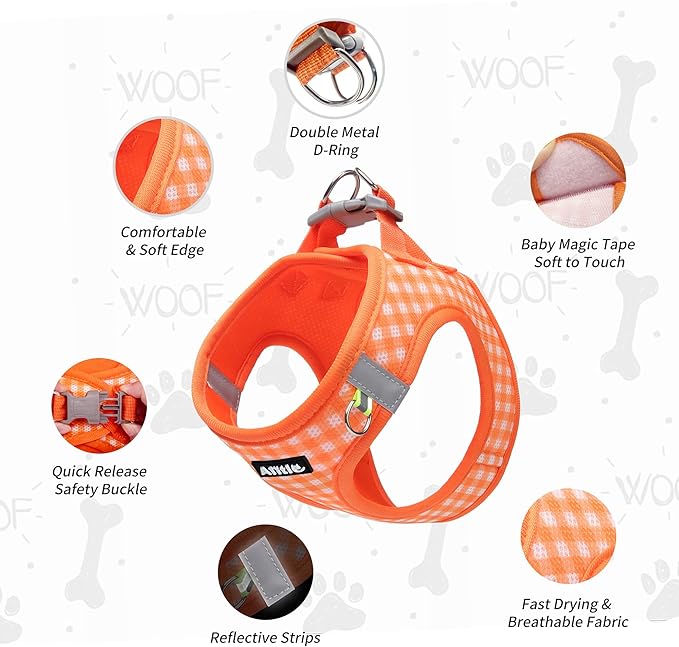 AIITLE Plaid Print Dog Harness Set – Lightweight, Reflective & Adjustable Vest Harness for Puppies – Perfect for Boston Terriers, Maltese & Indoor/Outdoor Use (XS, Orange)