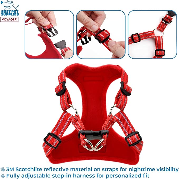 Best Pet Supplies Voyager Mesh Dog Breathable Harness Reflective Stitching, All Weather Adjustable for Walking Training, or Running - Heavy Duty & Durable, Harness (Red), L