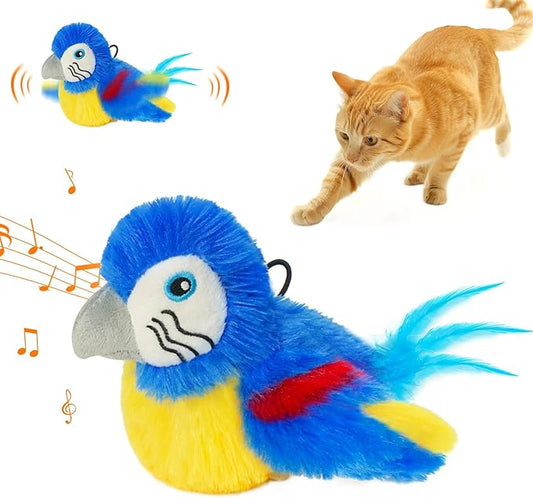 Cat Toys Flapping Bird(Cannot Fly), Electric Simulated Chirping Bird Interactive Kitten Toy with Flappy Wings, Rechargeable Touch Activated Toy with Catnip and Feather for Indoor Cats- Bule
