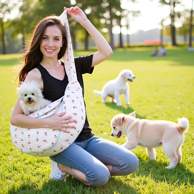 Floral Dog Sling Carrier, Breathable Cotton Hand-Free Cat Carrier,Chest Pet Purse for Small Dog Cat 3-12 lbs (White, Medium)