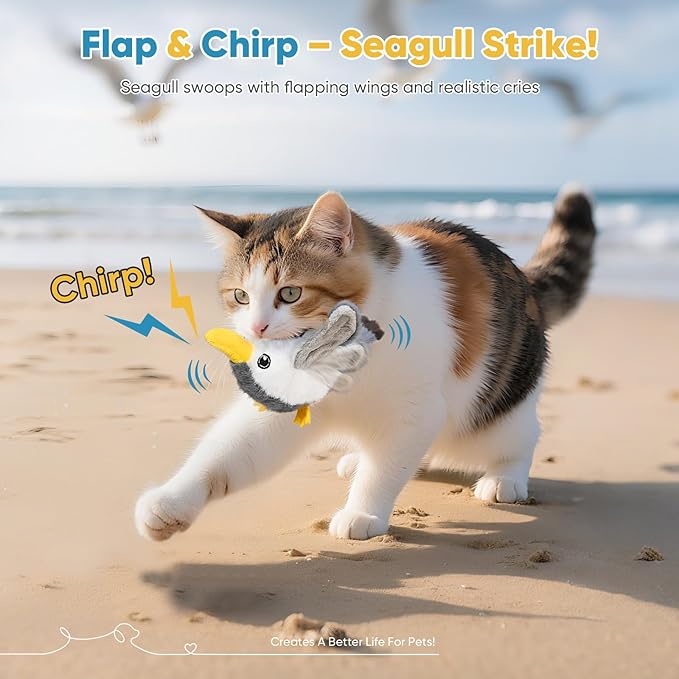 Petbobi Flapping Bird Cat Toys - Interactive Cat Toy with Flapping Wings(No-Flying) and Chirp Tweet, Rechargeable Motion-Activated Catnip Seagull Toys for All Breeds Kittens