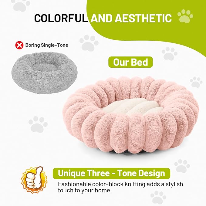 Cloudsoft Flower Cat Bed and Dog Bed, Washable Plush Pet Bed with Non-Slip Water-Resistant Bottom, Faux Furfor Cats & Small Dogs Up to 22 lbs, 22.8"x22.8" (Pink)