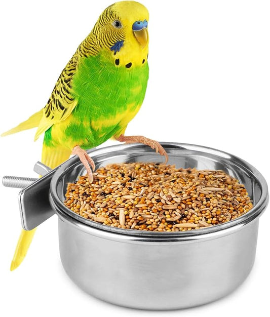 Hypeety Pet Bird Food Feeding and Drinking Hanging Cup Clamp Holder Stainless Steel Hanging Bowl for Parrot Macaw African Greys Budgies Parakeet Cockatiels Conure Lovebirds Finch Pigeon Cage