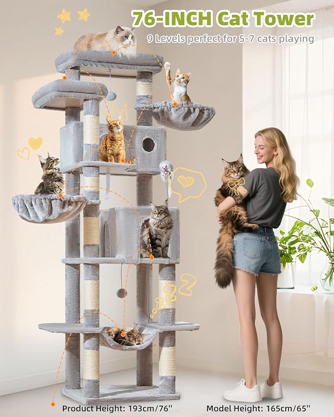 Taoqimiao Tall Cat Tree, 76-Inch Cat Tower with Scratching Posts，Sturdy Cat tree for Indoor Cats Large Adult with 2 Condos, 2 Perches, 2 Hanging Baskets, Hammock, 8 Scratching Posts, MS046W Light Gray