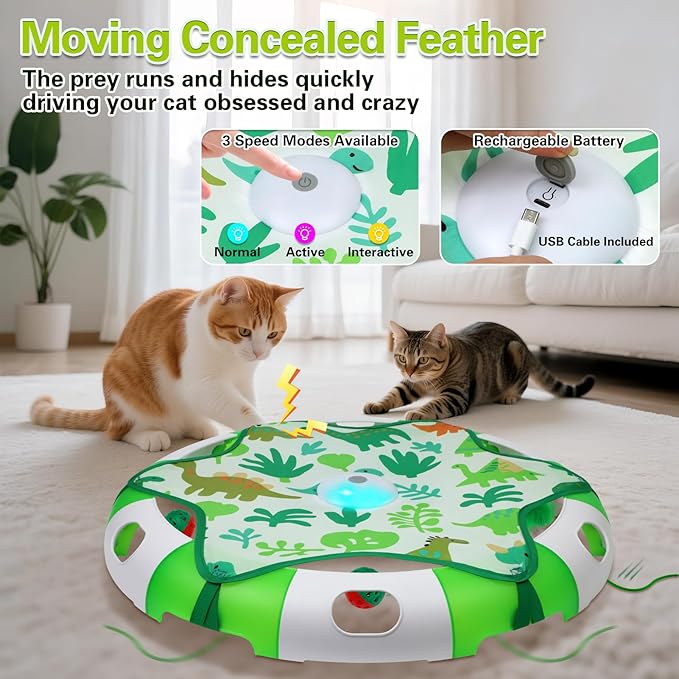 Automatic Interactive Cat Toy with Moving Feather & Chirping Sound Motion Activated Track Toys for Indoor Cats,USB Rechargeable, Extre 2 Cat Bell