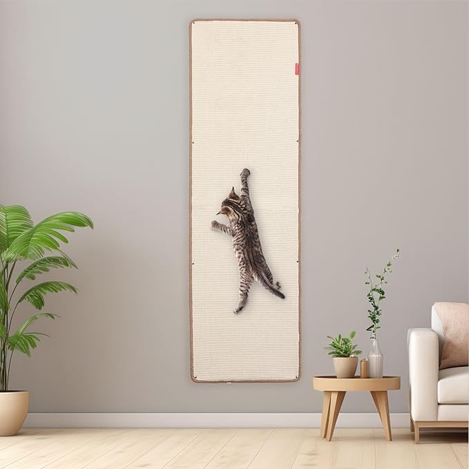 66.93x19.68x0.32 Inch Thickened Cat Wall Scratcher Carpet, Cat Climbing Wall, Durable Furniture, Tall Scratching Post, Scratchers for Indoor Cats, Couch Sofa Protector (Beige)