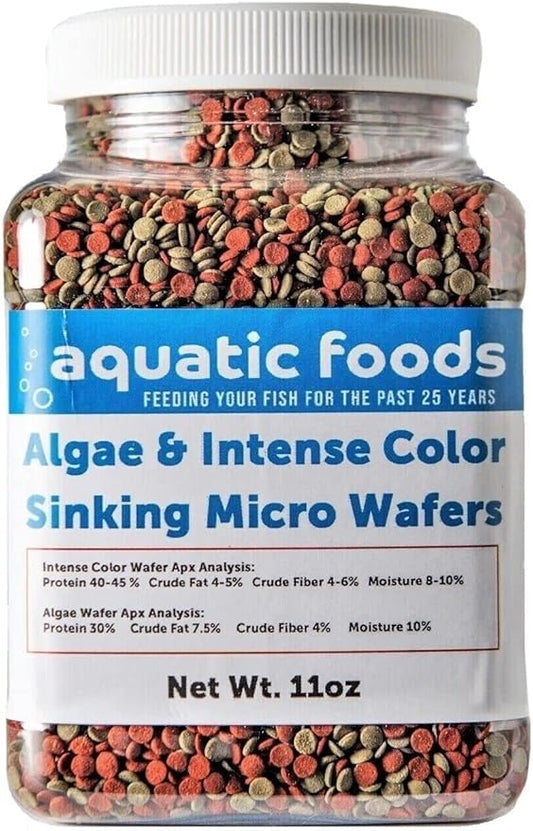 Aquatic Foods Inc. 3.5mm - 1/8" Micro Wafer Mix of Spirulina Algae & Intense Color Enhancing Sinking Micro Wafers for Catfish, Plecos, Bottom Fish, Shrimp, Crabs, All Tropical Fish..11oz Small Jar