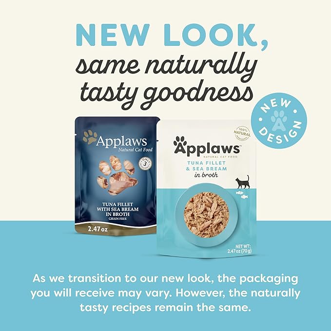 Applaws Natural Wet Cat Food in Broth, Limited Ingredient Wet Cat Food Pouches, No Additives, Made with Natural Ingredients, Tuna Fillet & Seabream in Broth (12 x 2.47oz Pouches)