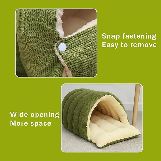 Removable and Washable Winter Closed-Off Cat Bed, Cat Winter Cave, Cute Cat Beds for Indoor Cats, Disassembled Design for Easier Cleaning, with Hair Remover (Green+Purple, 17.7 * 11.8 * 7.5 in)