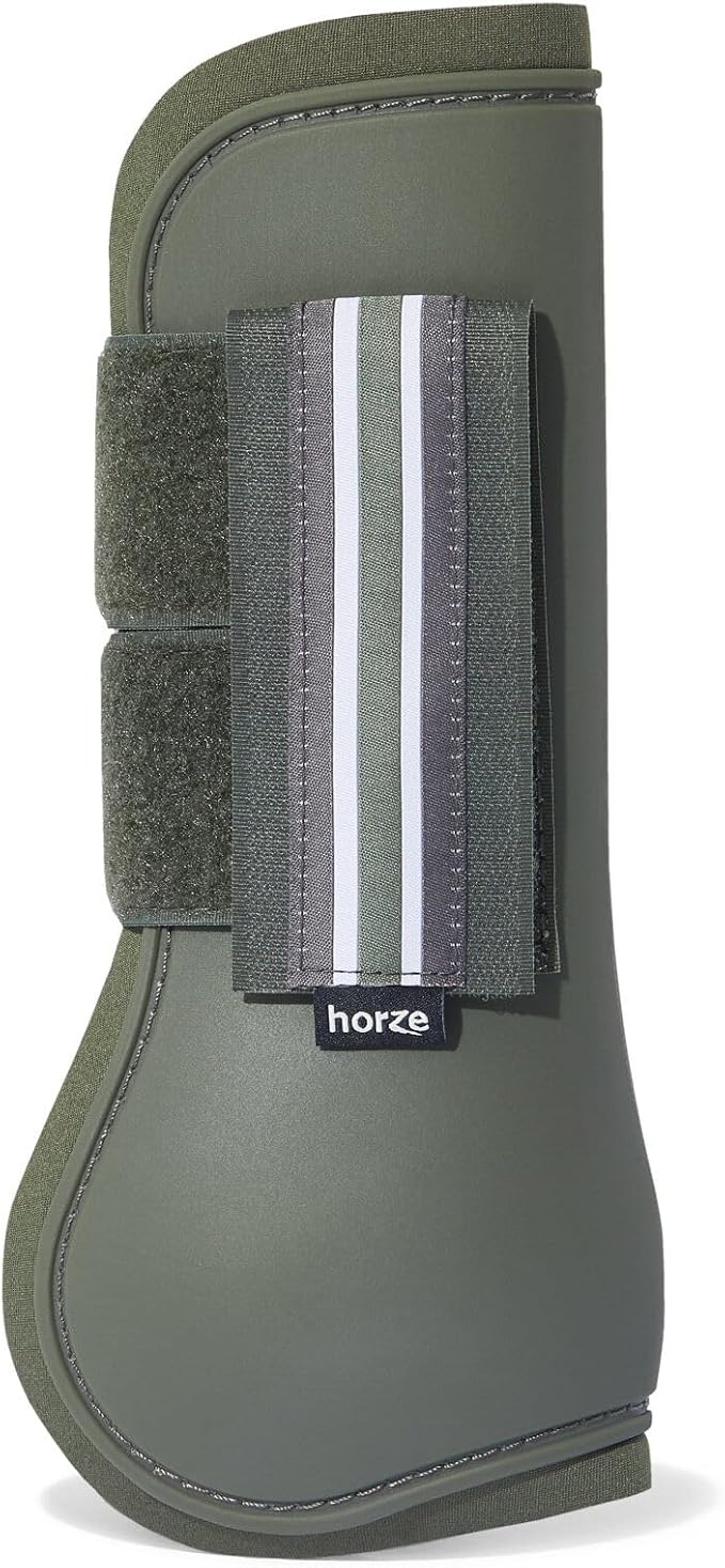 HORZE Adepto Open Front Tendon Boots | Durable Shell with Neoprene Lining - Beetle Khaki Green - Warmblood