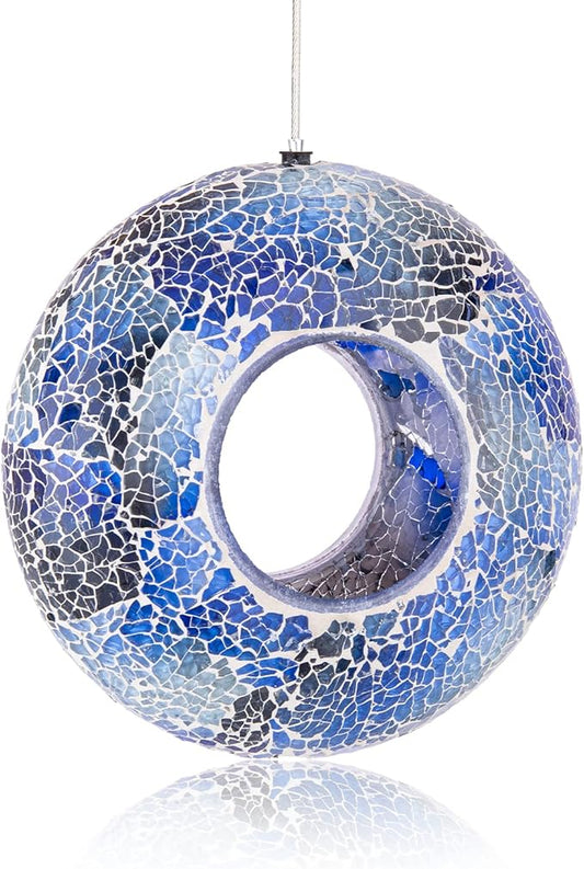 VCUTEKA Bird Feeder Mosaic Fly Through Bird Feeders for Outside Hanging with Round Shape Glass Container to Attract More Wild Birds for Garden, Yard, Backyard, Deck and Porch Decor, 8-Inch