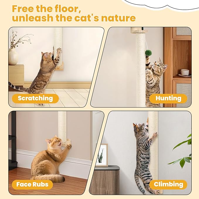 Wall-Mounted Cat Scratching Post with Hanging Ball, Cat Climbing Perch with Sisal & Plush, Space-Saving Cat Tree for Indoor Cats Adult