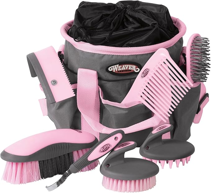 Weaver Leather Horse Grooming Kit, 7-piece Brush Set with Organizer Tote Bag, Equine Care, Horse Tack Room Equipment, Grooming Supplies, Gray/Pink