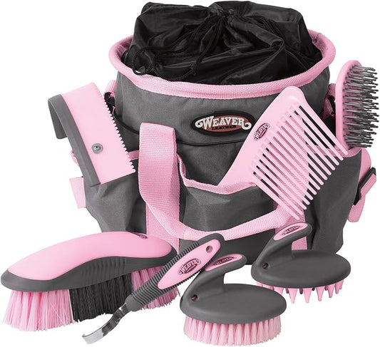 Weaver Leather Horse Grooming Kit, 7-piece Brush Set with Organizer Tote Bag, Equine Care, Horse Tack Room Equipment, Grooming Supplies, Gray/Pink