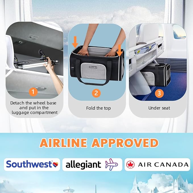 Petskd Top-Expandable Pet Carrier with Wheels 19x13x9 Inches Southwest Allegiant Airlines Approved, Soft-Sided Carrier for Small Dog Under 12 lbs and Large Cat Under 15 lbs(Black)