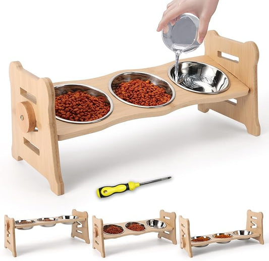 Elevated Cat Bowls15° Tilted Stainless Steel Elevated with Bamboo Stand - 3 Pots Raised Cat Bowls for Indoor Cats and Small for Indoor Cats with Anti-Overflow Design (Yellow)