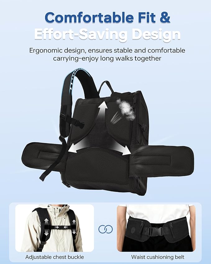 Hiking Dog Carrier Backpack, Padded Height-Enhancing Design, Adjustable Waist Cushioning Belt with Breathable Padded Back Support, Dog Carrier Backpack for Small Dogs Max 13LB Black with Pad