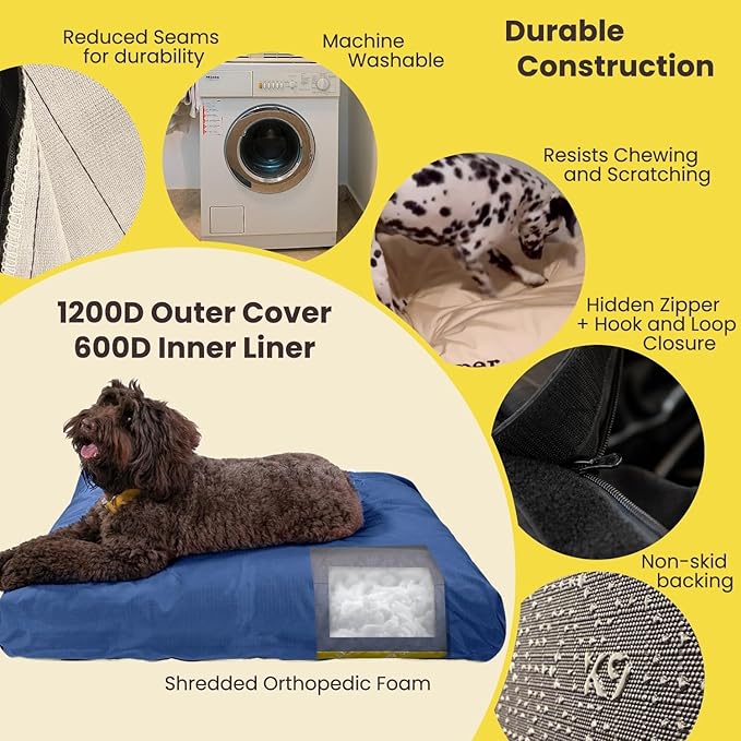 K9 Ballistics Tough Rectangle Pillow Large Dog Bed - Removable Cover, Washable, Durable & Water Resistant Dog Bed Made for Large Dogs 40"x34" Sandstone