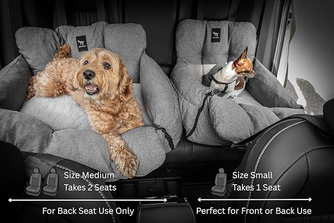 JACKO & CO - Premium Dog Car Seat v2 Booster Seat for Small & Medium Pets Under 40lbs - Machine Washable w Removable Covers, Water Resistant w Clip-On Leash for Back Seat Use (Grey/Medium (25-40lbs)