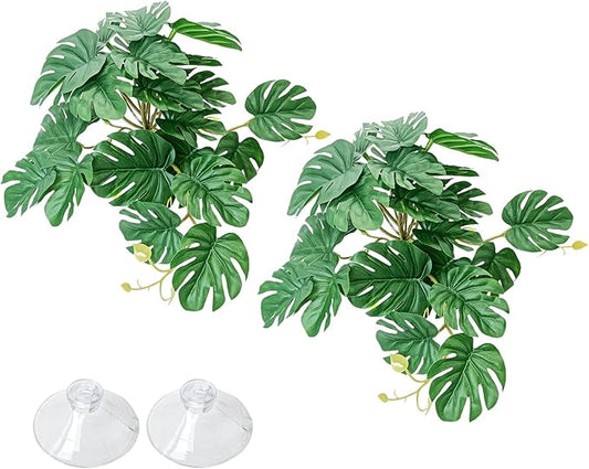 VCEPJH Reptile Plants with Suction Cup Amphibian Habitat Decor 2 Pcs Artificial Leaves for Terrarium Decor Crested Gecko Tank Accessories for Bearded Dragon, Lizard, Snake (Monstera)
