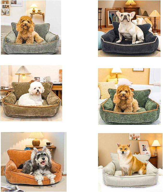 Small Orthopedic Dog Sofa Bed with Sides, Carry Handle & Side Pockets .Plush Chenille Orthopedic Pet Bed Couch for Small Breed Dogs & Cats .Portable Snuggler for Indoor Use, Travel & Recovery