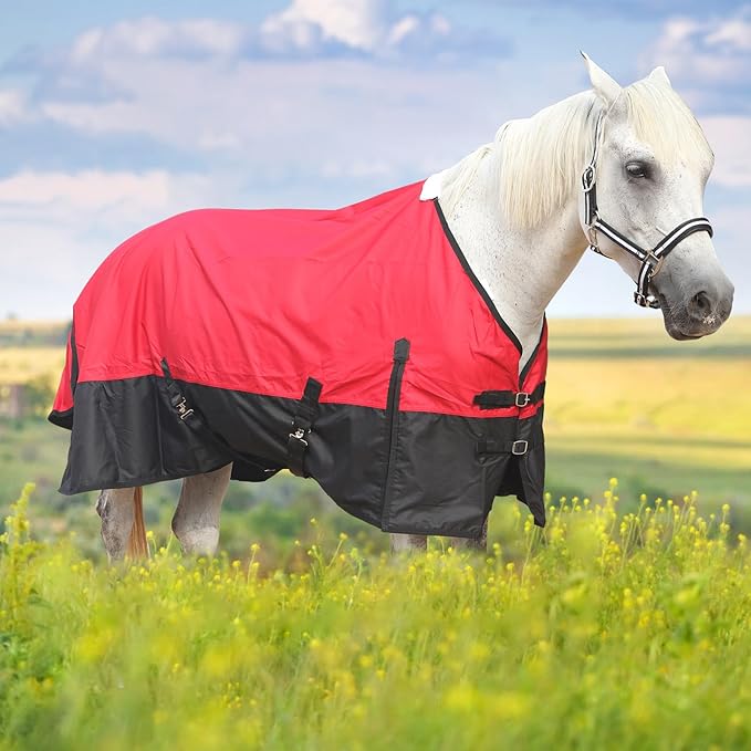 600 Denier Rip-Stop Horse Rain Sheet Lightweight Waterproof and Breathable Turnout Horse Blanket (No Fill) Red/Black 69