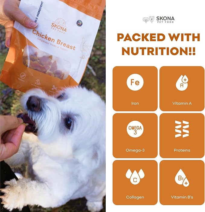 Skona PetFood Chicken Breast Jerky Dog Treats & Cat Jerky Treats, High Protein, Single-Ingredient Training Snacks, Vitamin-Rich, USA Made, Supports Heart, Eye & Dental Health, Healthy & Tasty, 4oz