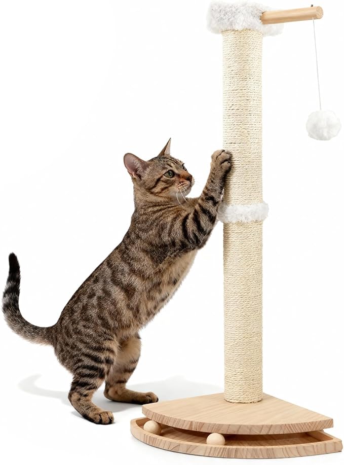 Cat Corner Scratcher with Interactive Ball Toys for Indoor Cats, Sisal Cat Scratching Post with Danging Ball for Wall Corners Furniture Protector 28''