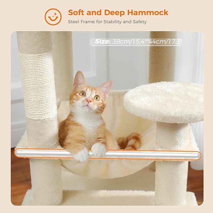 PAWZ Road Cat Tree, 53.5 Inches Tall Cat Tower with Spacious Hammocks, Condos and Scratching Posts, Cat House with Dual Padded Perches for Indoor Large Cats-Beige