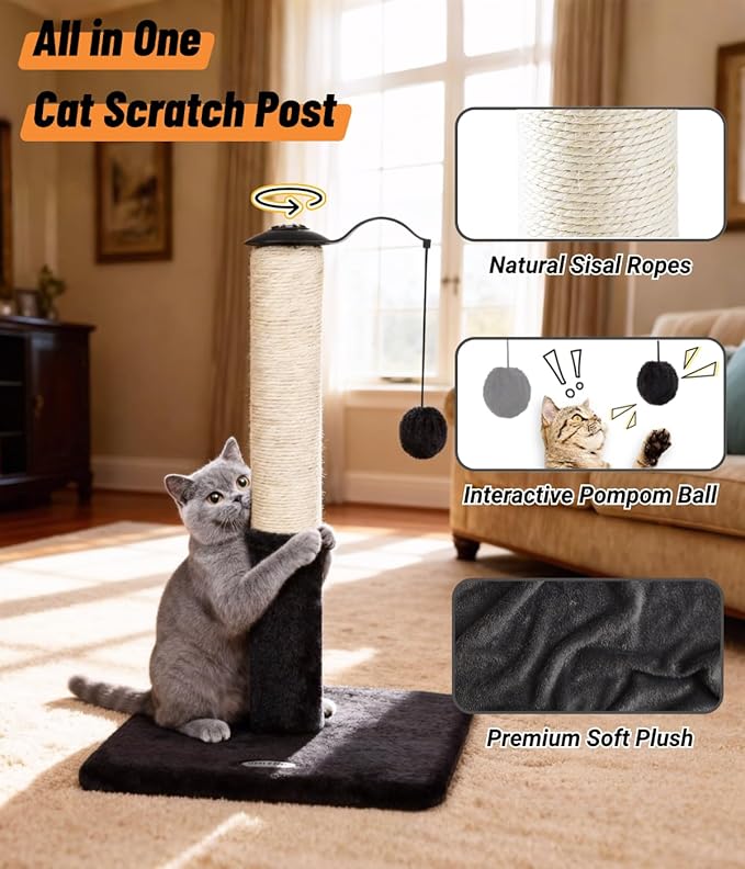 Happi N Pets 22" Cat Scratching Posts for Indoor Cats, Carpet Cat Scratch Post, Sisal Cat Scratcher, Cat Post with Rotatable Hanging Balls & Stable Base, Cat Scratchers for Kittens-Smoky Gray