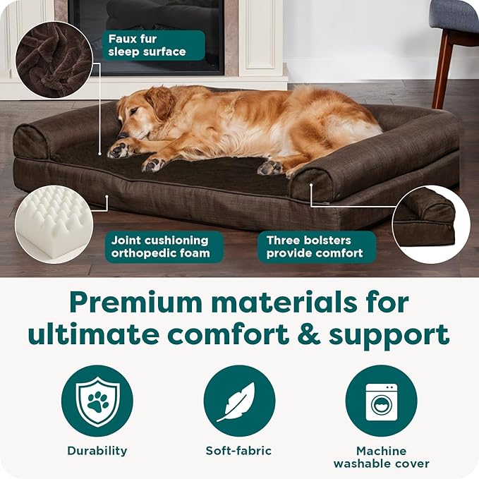 Furhaven Orthopedic Dog Bed for Large Dogs w/ Removable Bolsters & Washable Cover, For Dogs Up to 95 lbs - Plush & Suede Sofa - Espresso, Jumbo/XL