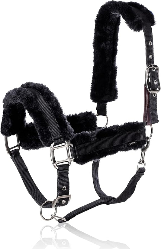 Equinavia Valkyrie Ultra Fleece Breakaway Horse Halter | Padded Fleece Adjustable Safety Halter with Nylon Webbing - Black/Black - Warmblood