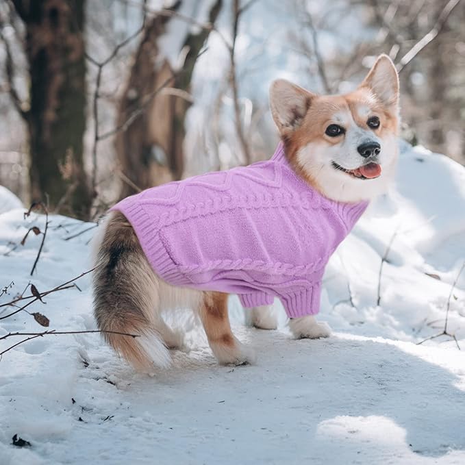 Queenmore Small Dog Pullover Sweater, Cold Weather Cable Knitwear, Classic Turtleneck Thick Warm Clothes for Chihuahua, Bulldog, Dachshund, Pug (Lilac, X-Large)