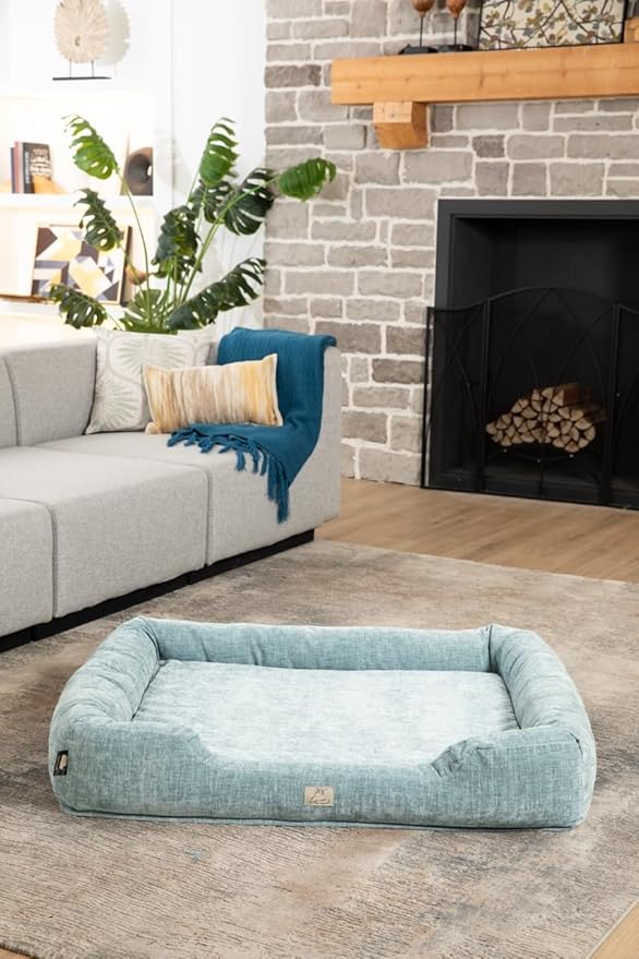 Furry's Paradise Cuddler Waterproof Bolster Pet Bed with Recycled Fibers and Non-Slip Bottom. (Shallow Seas, Small)