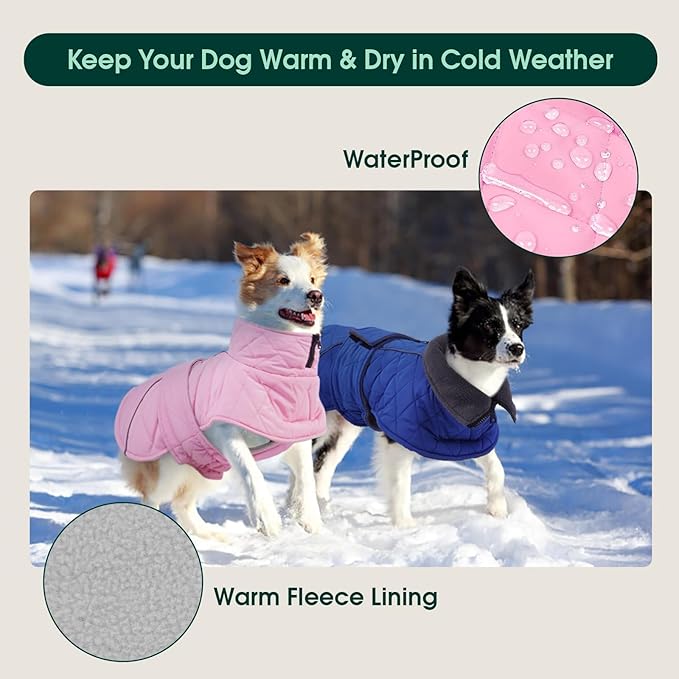 Kuoser Dog Coat Thermal Fleece Lined Dog Jacket, Adjustable Hook & Loop Dogs Coats for Medium Dogs Windproof Reflective Puppy Snow Jackets Pet Cold Weather Clothes with Harness Hole, Pink, M